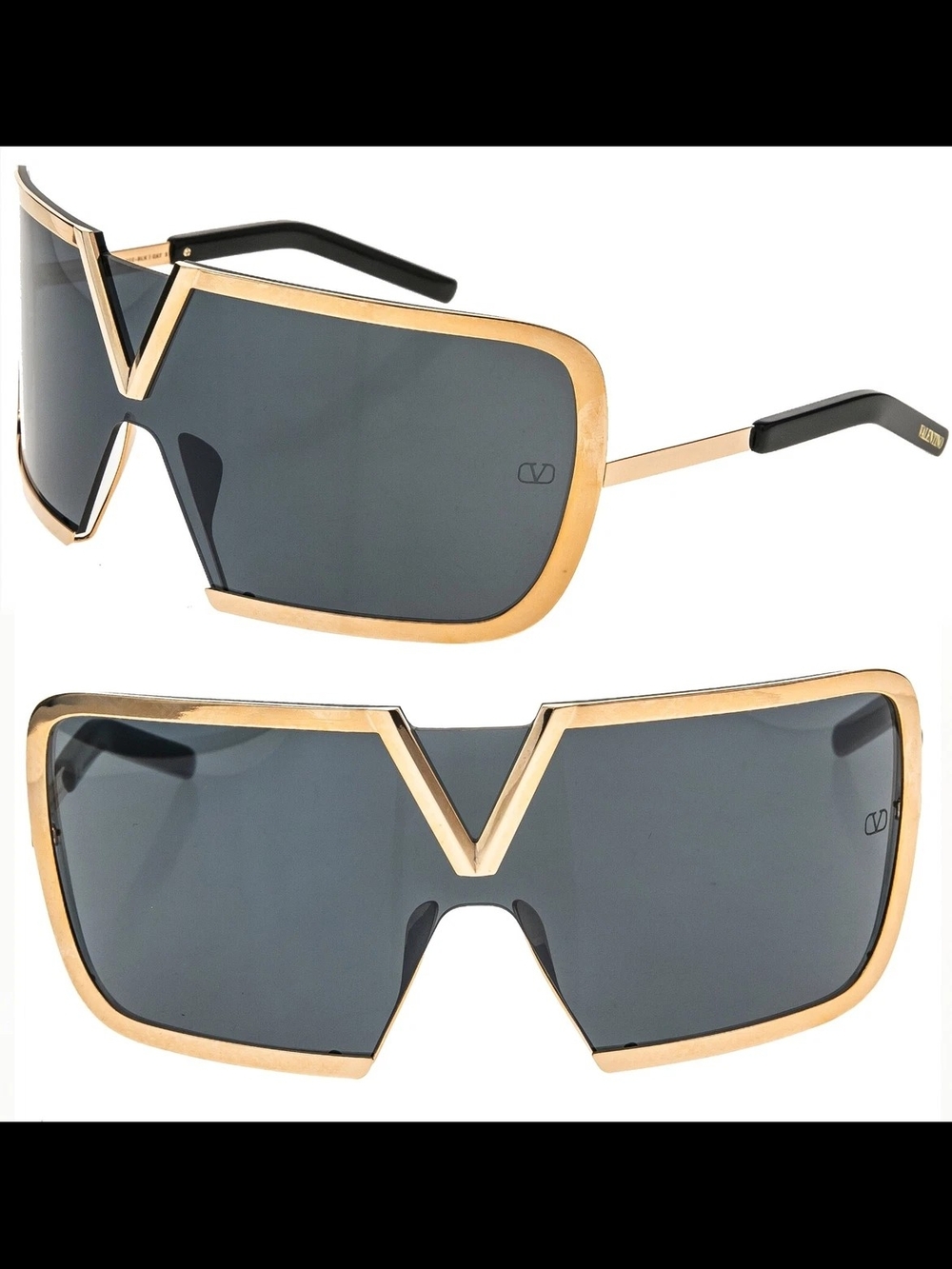 Valentino Gold Frame Black Shield V-Bridge Sunglasses
